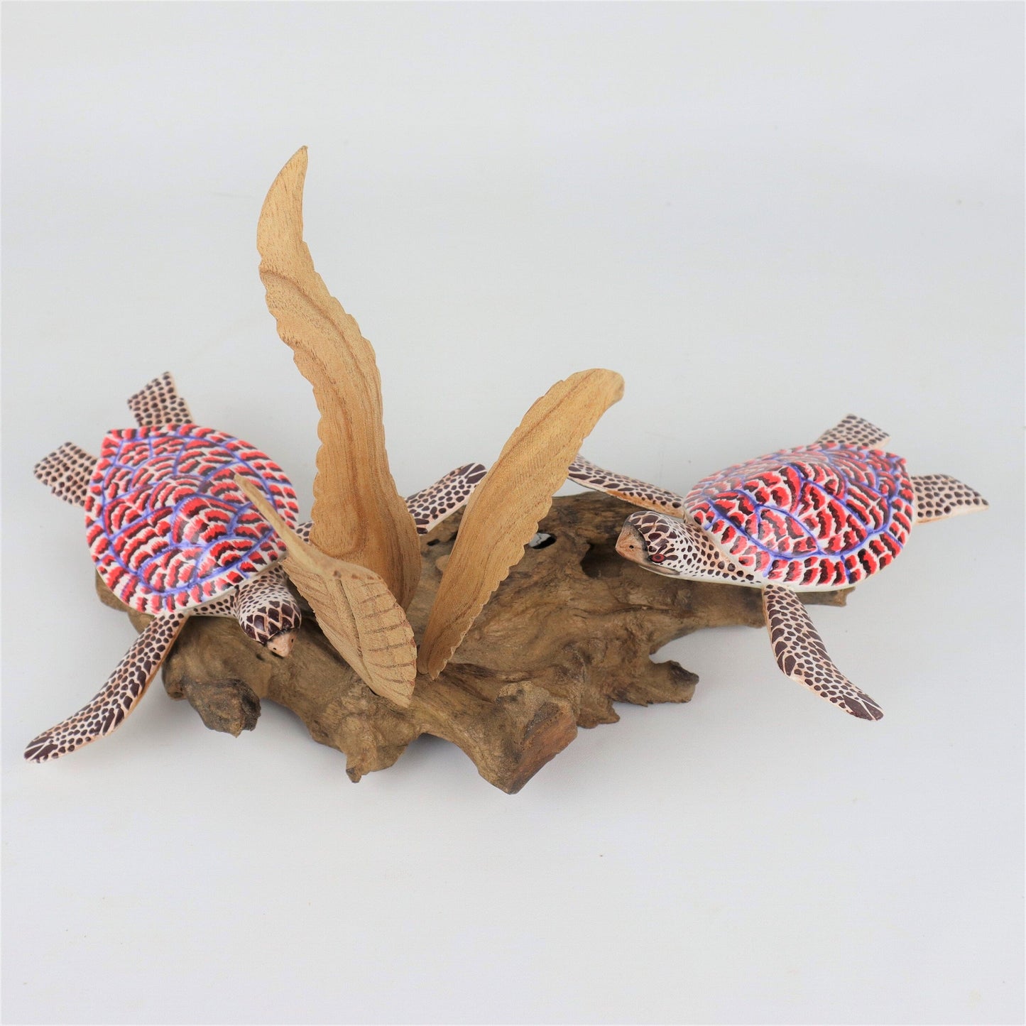 Hand-Carved & Painted Sea Turtle Pair with Seaweed Sculpture - Coastal Home Decor