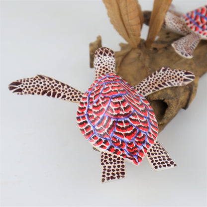 Hand-Carved & Painted Sea Turtle Pair with Seaweed Sculpture - Coastal Home Decor