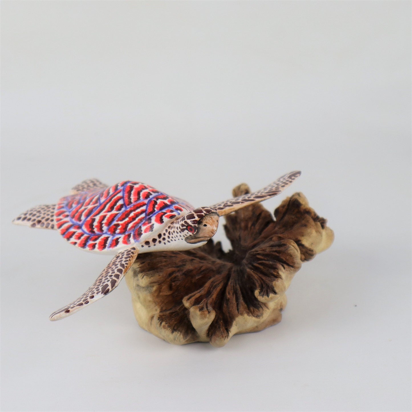 Hand-Carved & Painted Sea Turtle Sculpture on Organic Wood Base - Colorful Coastal Decor