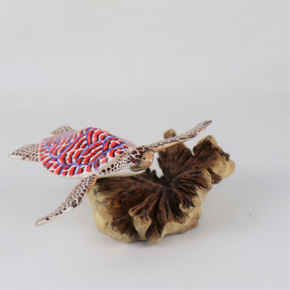 Hand-Carved & Painted Sea Turtle Sculpture on Organic Wood Base - Colorful Coastal Decor
