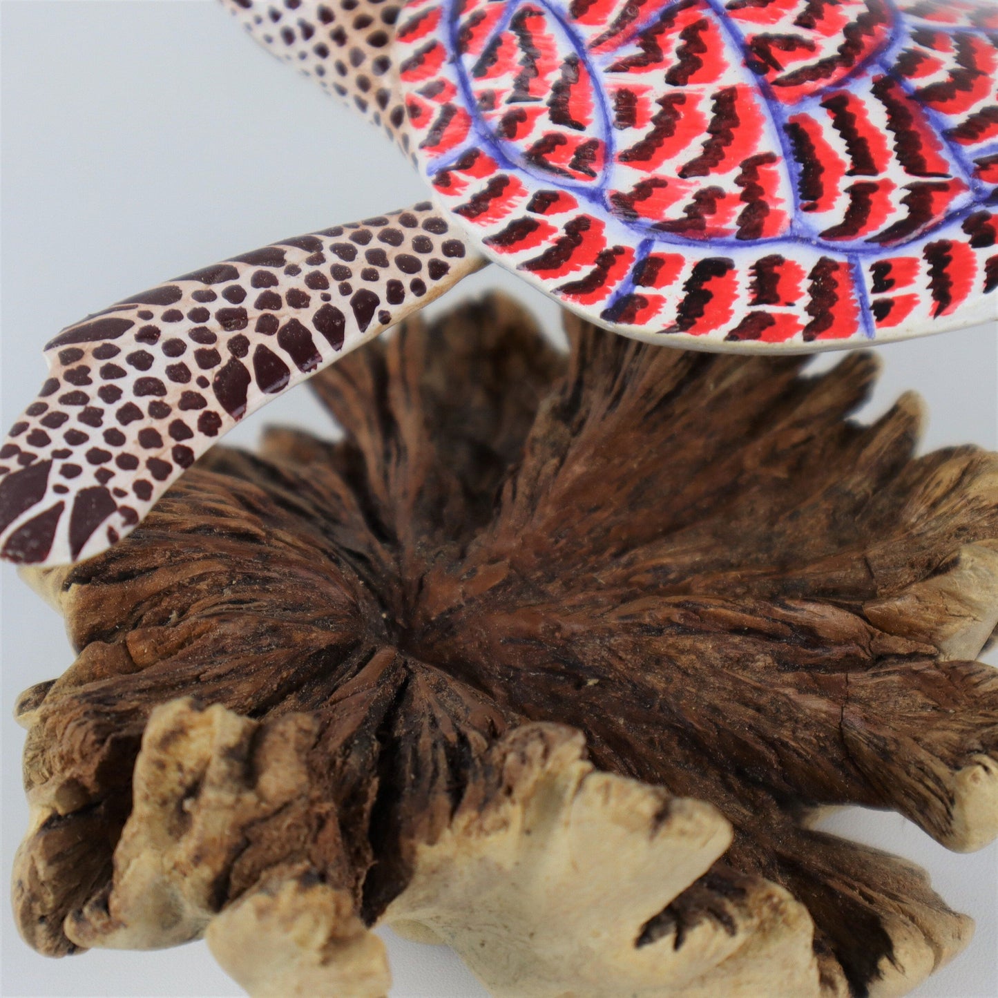 Hand-Carved & Painted Sea Turtle Sculpture on Organic Wood Base - Colorful Coastal Decor