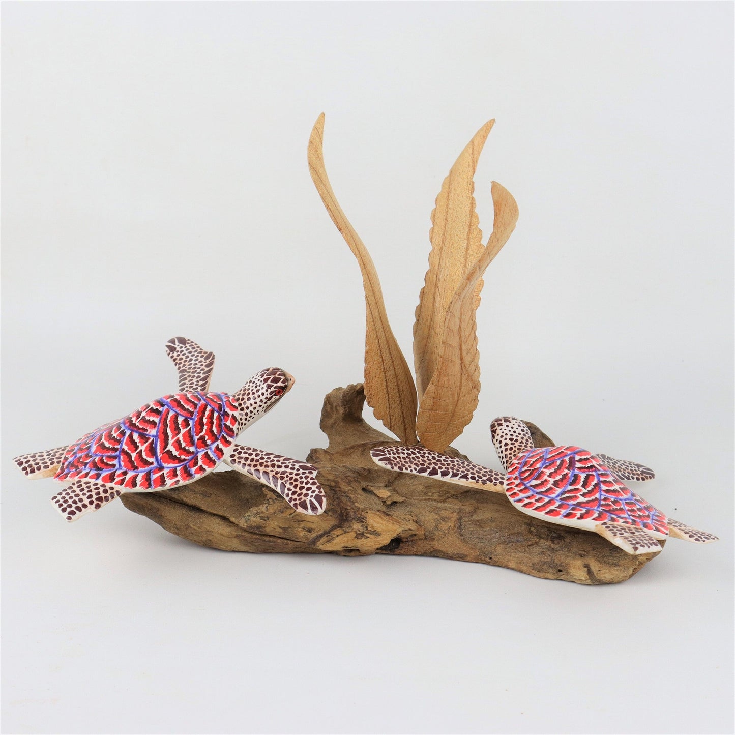 Hand-Carved & Painted Sea Turtle Pair with Seaweed Sculpture - Coastal Home Decor