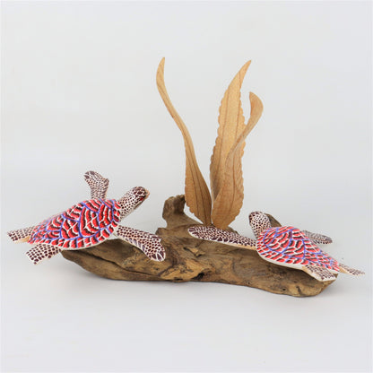 Hand-Carved & Painted Sea Turtle Pair with Seaweed Sculpture - Coastal Home Decor