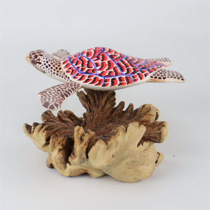 Hand-Carved & Painted Sea Turtle Sculpture on Organic Wood Base - Colorful Coastal Decor