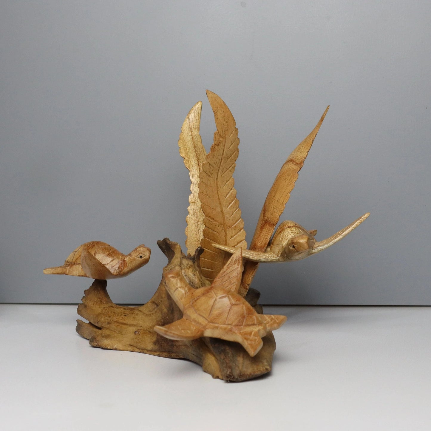 Hand-Carved Natural Wood Sea Turtle Family Sculpture - Coastal Home Decor