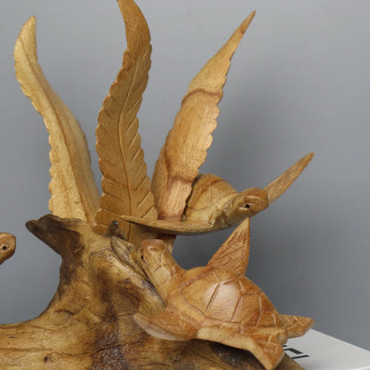 Hand-Carved Natural Wood Sea Turtle Family Sculpture - Coastal Home Decor