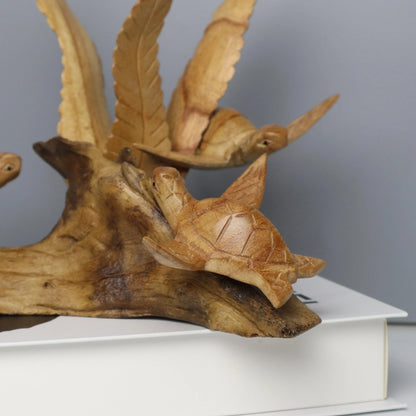 Hand-Carved Natural Wood Sea Turtle Family Sculpture - Coastal Home Decor