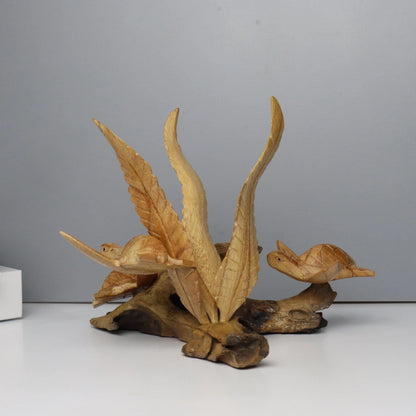 Hand-Carved Natural Wood Sea Turtle Family Sculpture - Coastal Home Decor