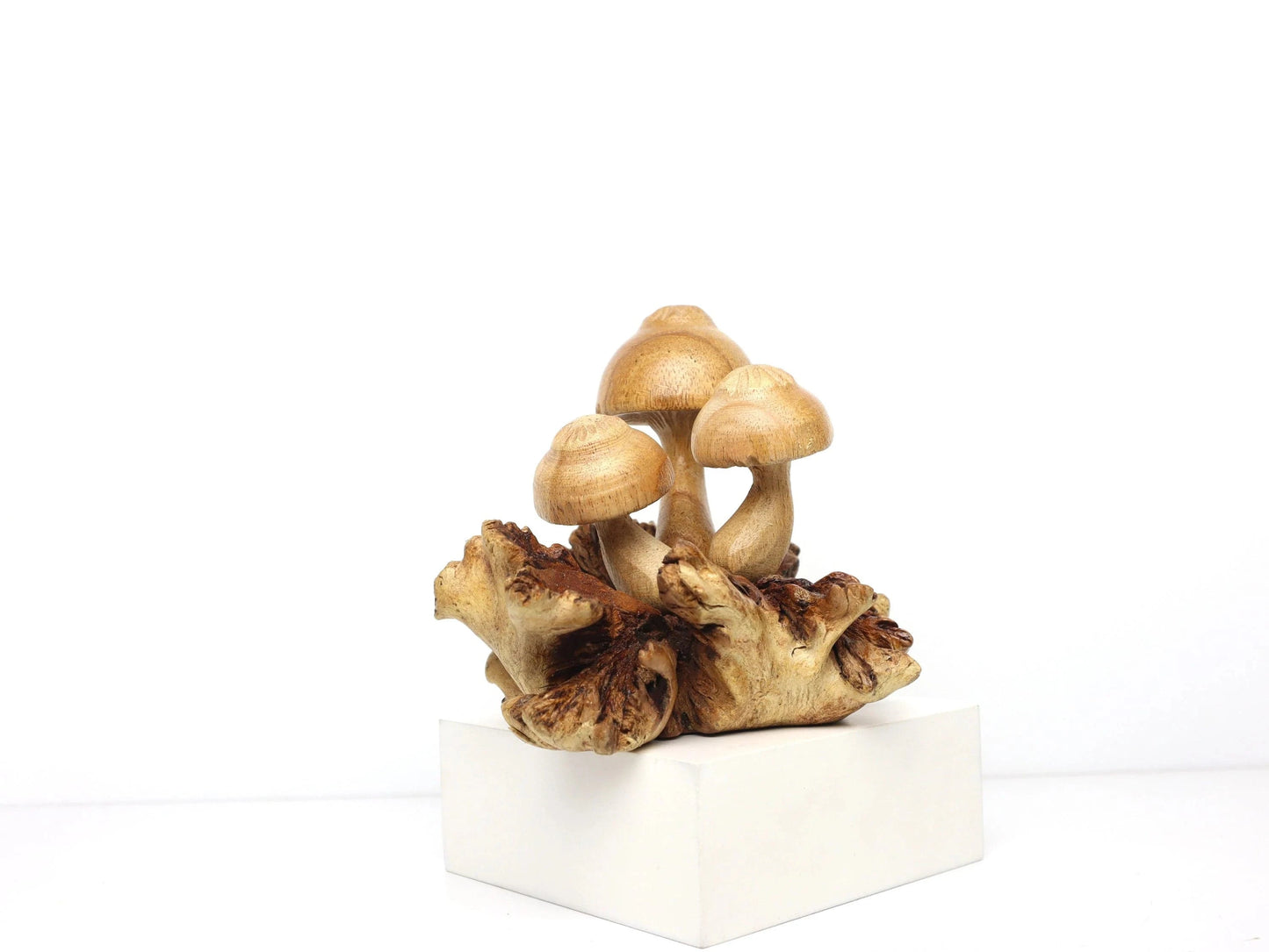 Hand-Carved Natural Wood Mushroom Cluster Sculpture - Rustic Woodland Decor
