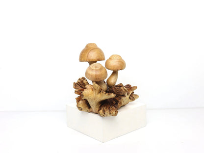 Hand-Carved Natural Wood Mushroom Cluster Sculpture - Rustic Woodland Decor