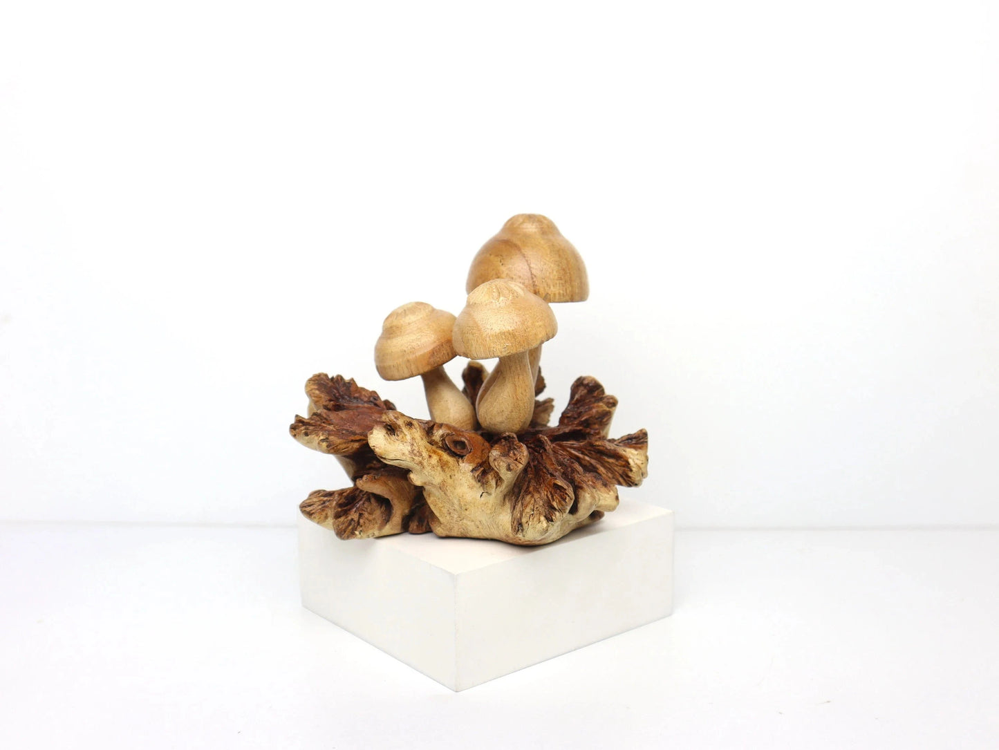 Hand-Carved Natural Wood Mushroom Cluster Sculpture - Rustic Woodland Decor