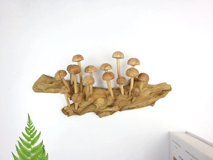 Large Hand-Carved Wooden Mushroom Cluster on Natural Log - Rustic Forest Display