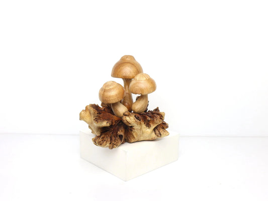 Hand-carved natural wooden sculpture featuring a compact cluster of three mushrooms with rounded caps sprouting from a gnarled wood base, rustic tabletop decor.
