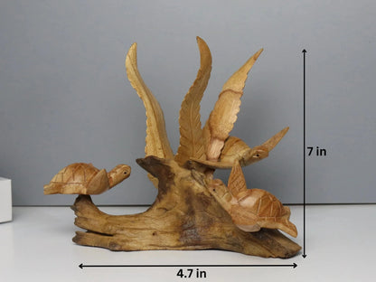 Hand-Carved Natural Wood Sea Turtle Family Sculpture - Coastal Home Decor