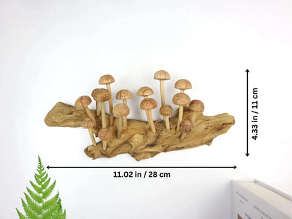 Large Hand-Carved Wooden Mushroom Cluster on Natural Log - Rustic Forest Display