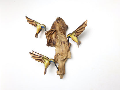 手描きのハチドリ木製ウォールアートセット、カラフルな吊り下げ装飾、鳥愛好家へのギフト、自然にインスパイアされたアート、素朴な手作り、手作りギフト