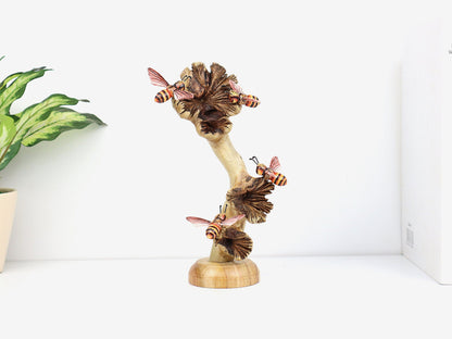 Hand-Carved & Painted Bee Quartet on Mushroom Stems - Freestanding Rustic Decor