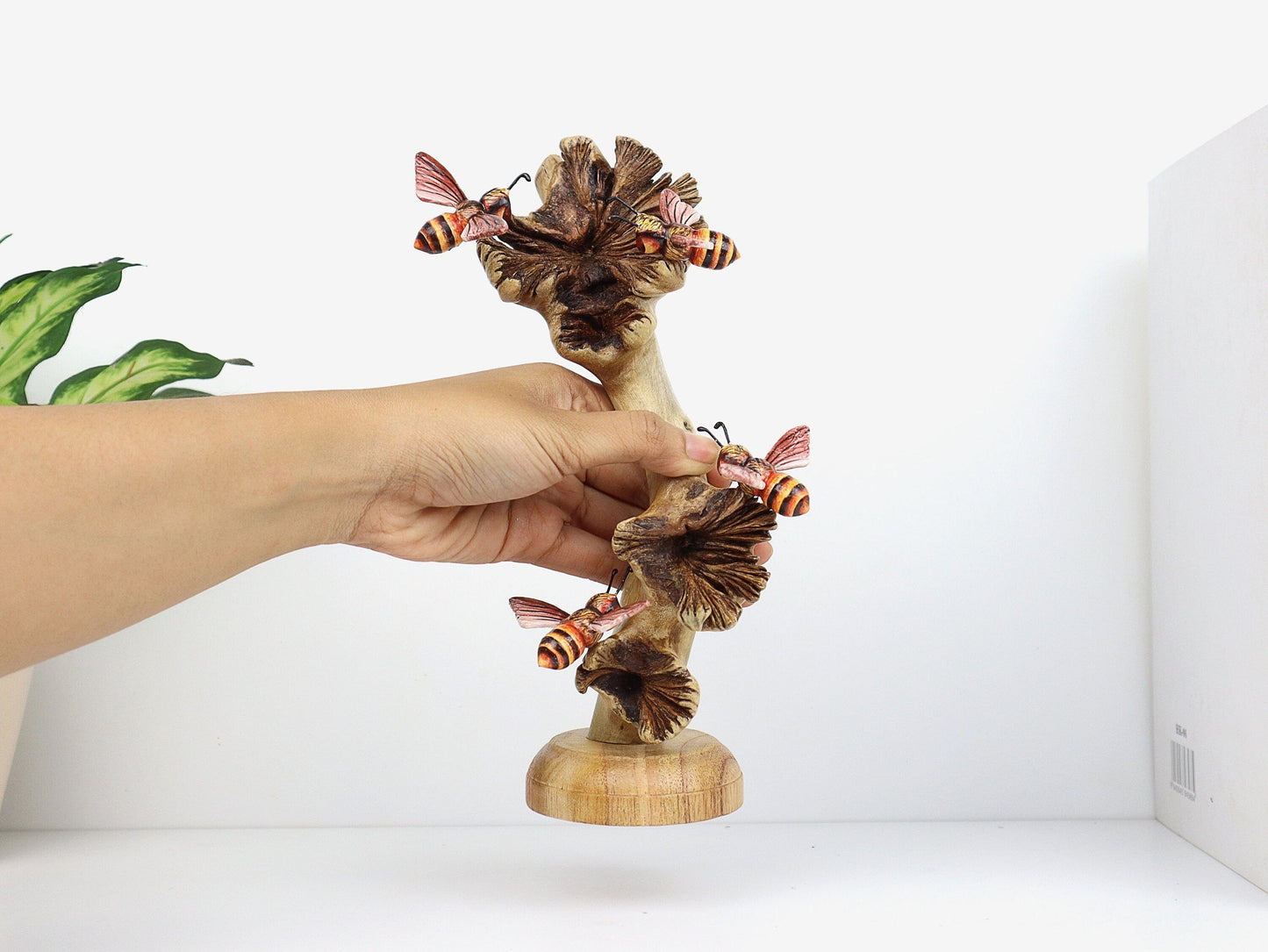 Hand-Carved & Painted Bee Quartet on Mushroom Stems - Freestanding Rustic Decor