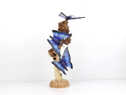 Hand-Carved & Painted Blue Butterfly Trio on Natural Wood Base - Freestanding Decor