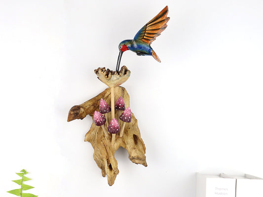 木製のハチドリの壁アート、青い吊り下げ鳥、手描きの鳥、彫刻の壁装飾、フォークアート、素朴、彼女への贈り物、誕生日プレゼント。