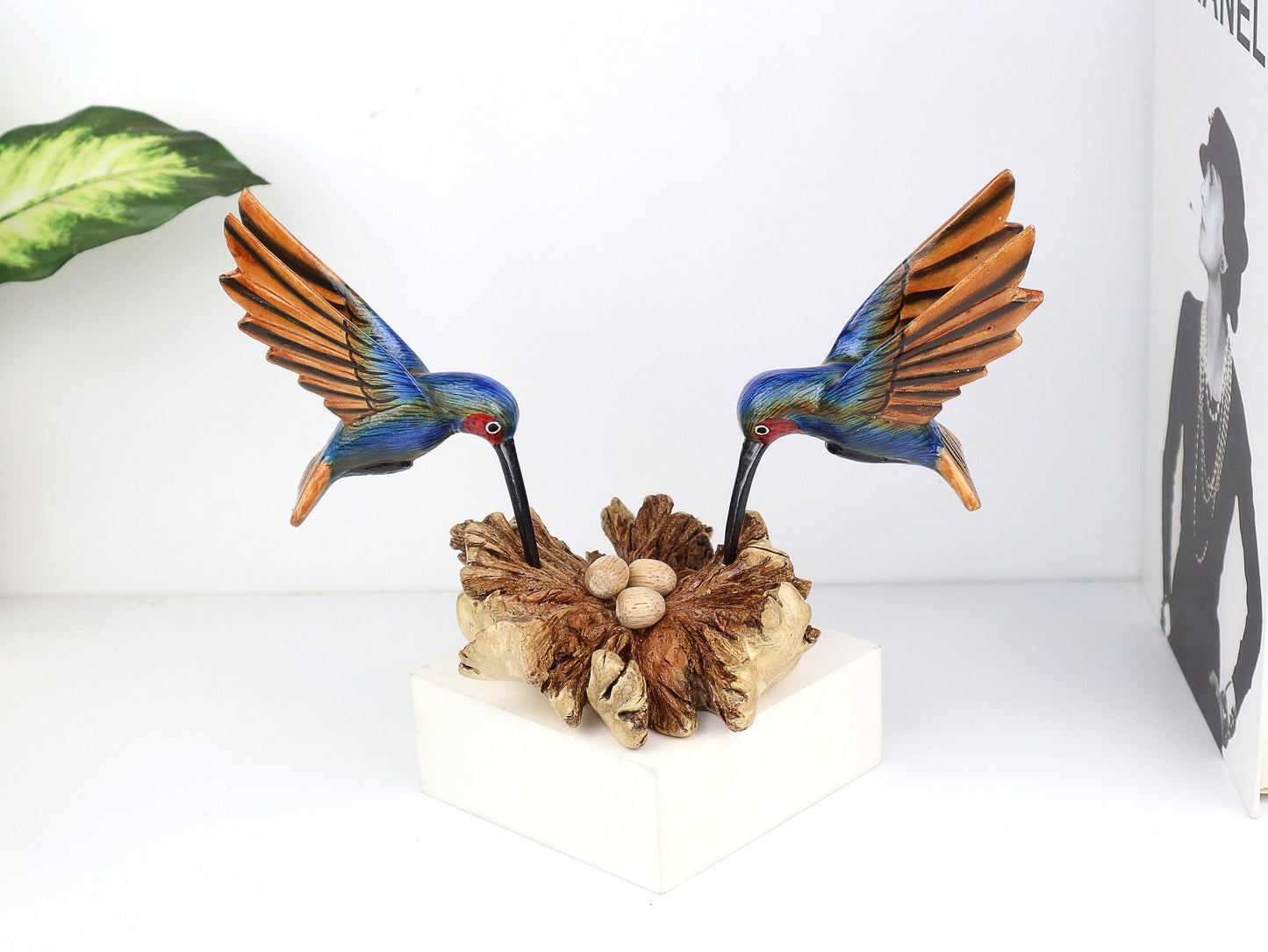 Couple Blue Hummingbird Art Figurine With Egg, Wood Couple Bird Painting, Nature Inspired Artwork, Home Decor Gift, Rustic, Handmade Gift