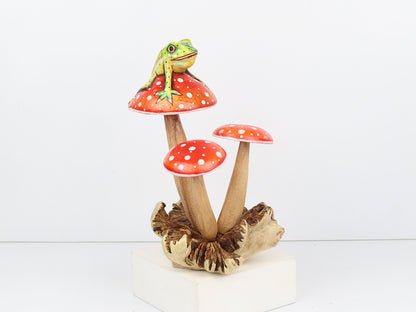 Hand-Painted Frog on Red Mushroom Art, Charming Table Decor Accent, Wood Craving, Handmade, Art, Home Decor, Painted, Gift For Him.