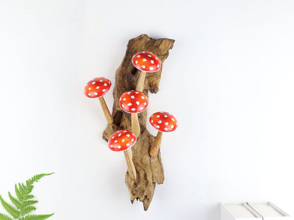 Red Wooden Mushroom Wall Art, Hanging Mushroom Decor, Wood Carving Wall Art, Rustic, Painted, Art, Best Gift For Him, Home Decor.