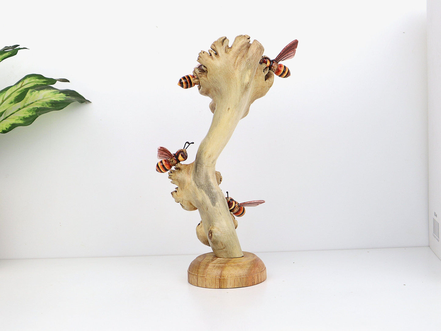 Hand-Carved & Painted Bee Quartet on Mushroom Stems - Freestanding Rustic Decor