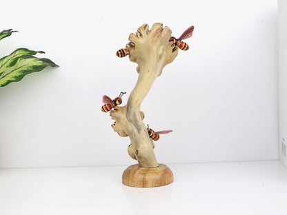 Hand-Carved & Painted Bee Quartet on Mushroom Stems - Freestanding Rustic Decor