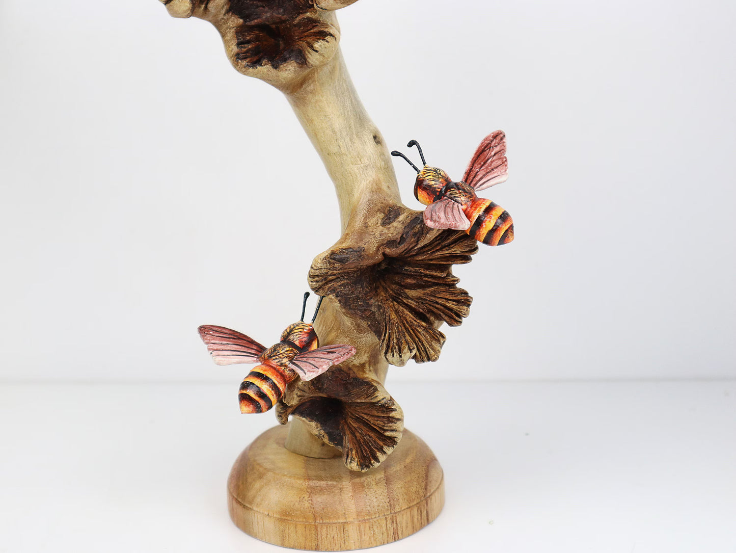 Hand-Carved & Painted Bee Quartet on Mushroom Stems - Freestanding Rustic Decor