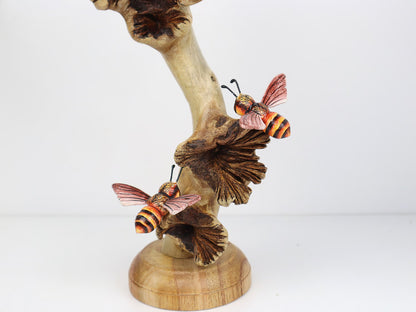 Hand-Carved & Painted Bee Quartet on Mushroom Stems - Freestanding Rustic Decor