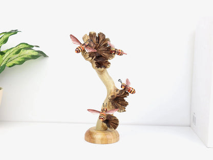 Hand-Carved & Painted Bee Quartet on Mushroom Stems - Freestanding Rustic Decor
