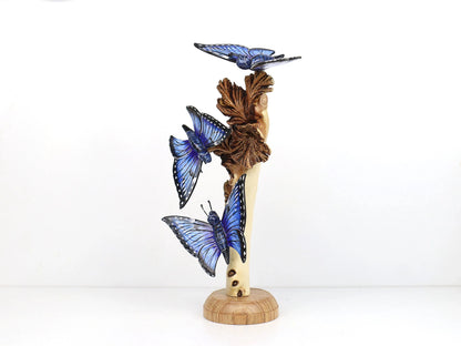 Hand-Carved & Painted Blue Butterfly Trio on Natural Wood Base - Freestanding Decor