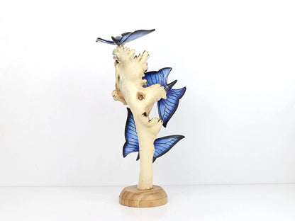 Hand-Carved & Painted Blue Butterfly Trio on Natural Wood Base - Freestanding Decor