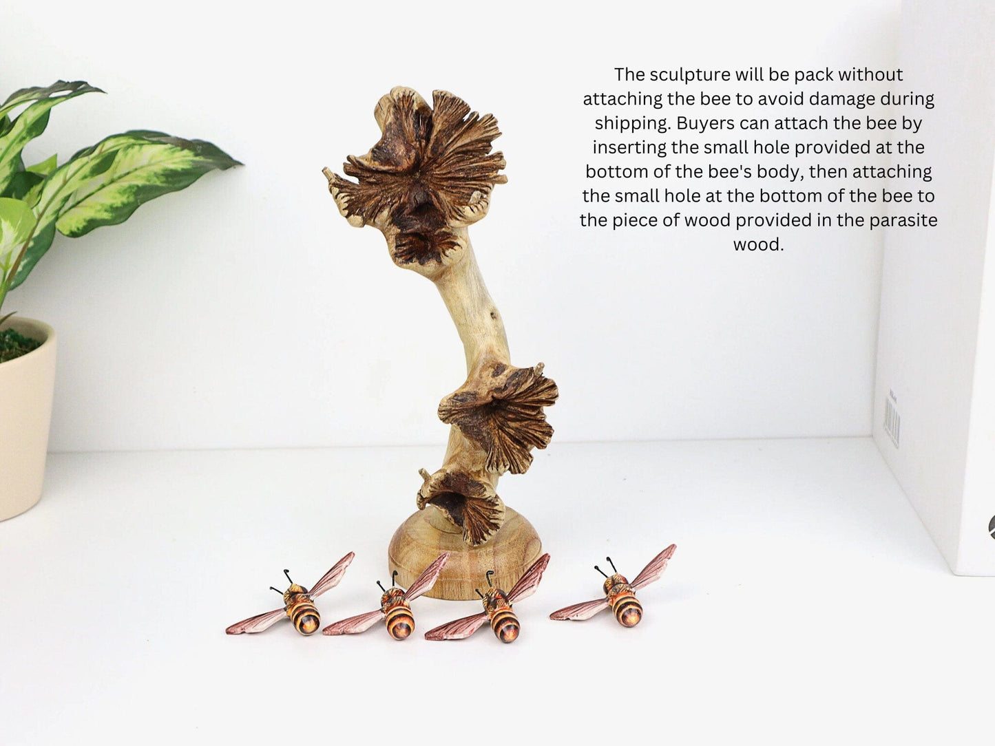 Hand-Carved & Painted Bee Quartet on Mushroom Stems - Freestanding Rustic Decor
