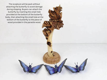 Hand-Carved & Painted Blue Butterfly Trio on Natural Wood Base - Freestanding Decor