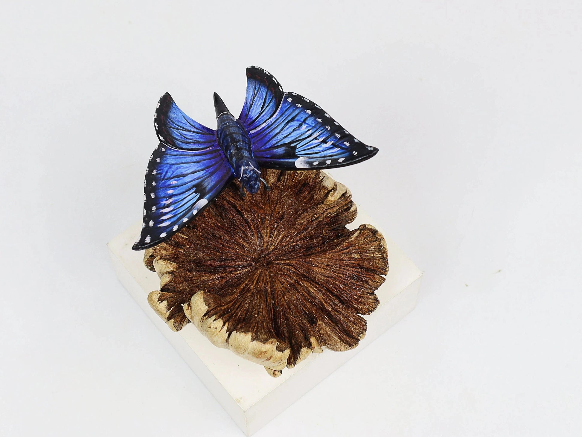 Hand-carved and painted wooden sculpture featuring a blue butterfly on a textured pine cone, mounted on a round freestanding wooden base, rustic insect decor.