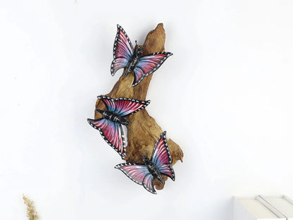 Hand-Carved & Painted Butterfly Trio Wall Art - Vibrant Woodland Display