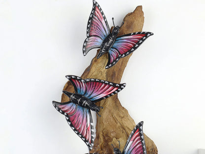 Hand-Carved & Painted Butterfly Trio Wall Art - Vibrant Woodland Display
