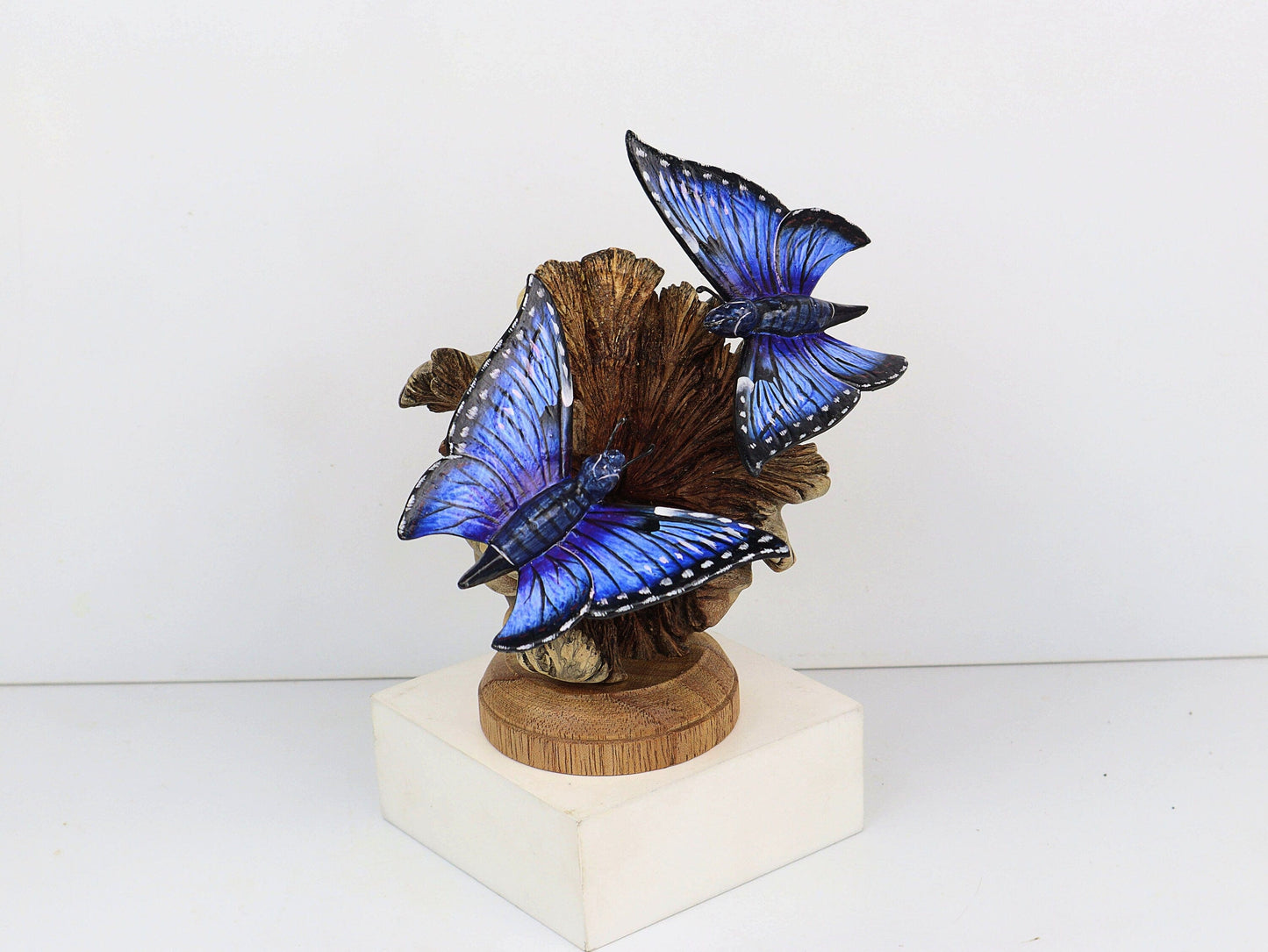 Hand-Carved & Painted Blue Butterfly Pair on Natural Wood Base - Freestanding Decor