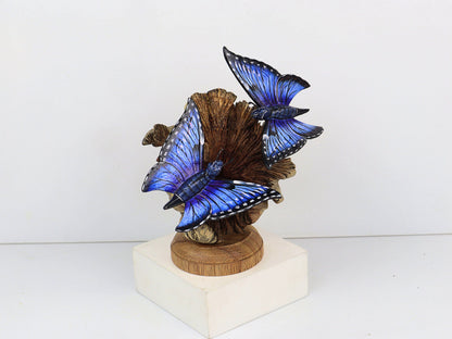 Hand-Carved & Painted Blue Butterfly Pair on Natural Wood Base - Freestanding Decor