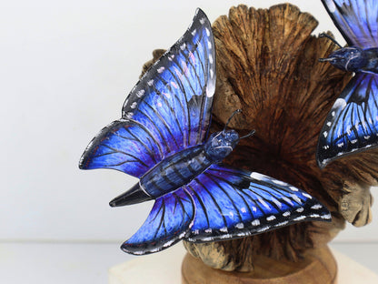 Hand-Carved & Painted Blue Butterfly Pair on Natural Wood Base - Freestanding Decor