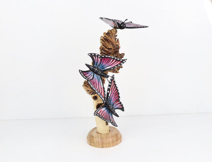 Hand-Carved & Painted Butterfly Flock on Natural Wood Branch - Freestanding Decor