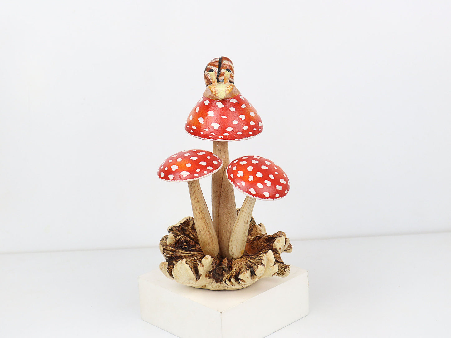 Handcrafted Wooden Red Mushroom with Snail, Charming Table Decor Accent, Wood Craving, Handmade, Art, Home Decor, Painted, Gift For Him