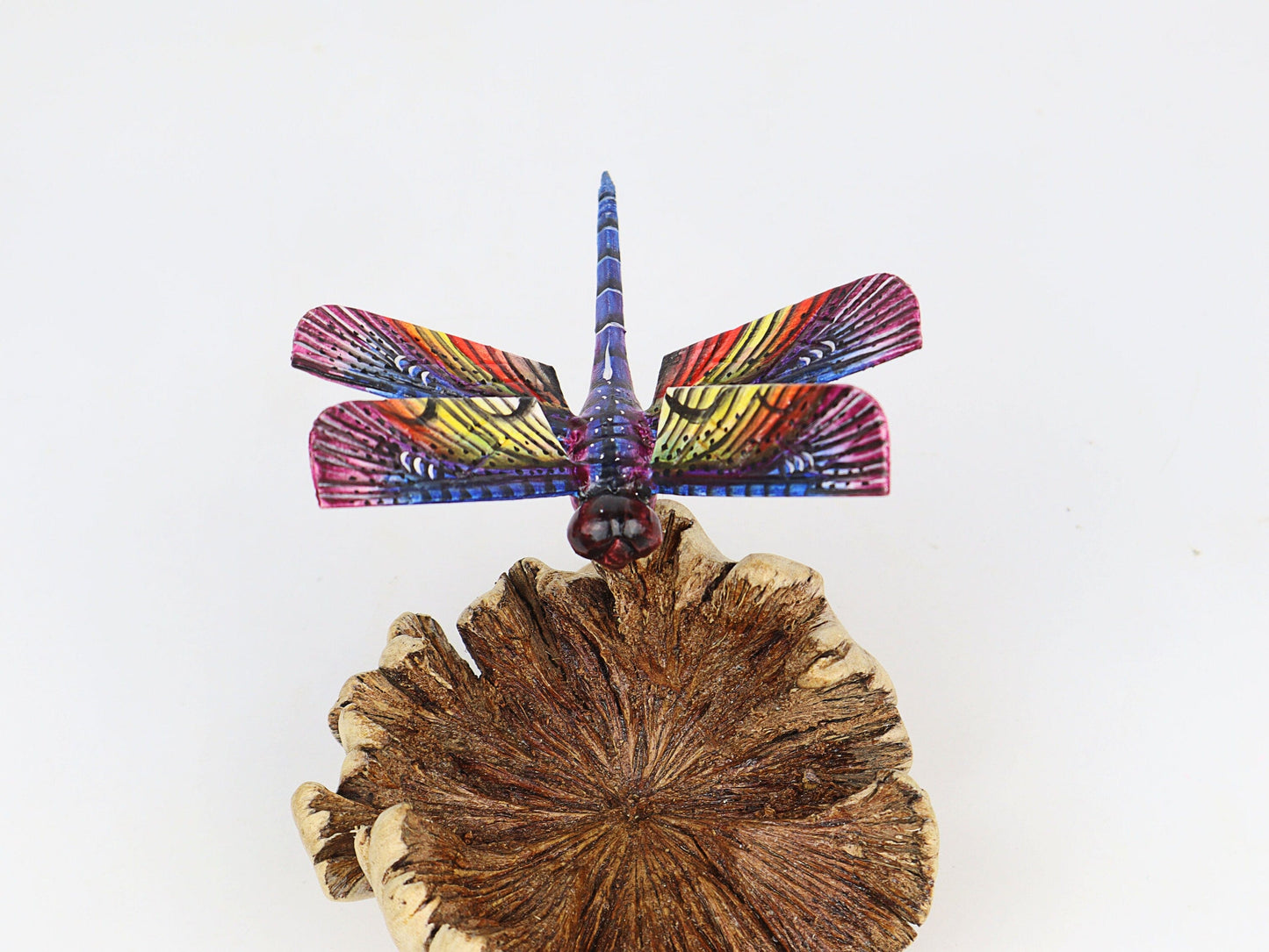 Hand-Carved & Painted Dragonfly Sculpture on Natural Wood Base - Freestanding Decor