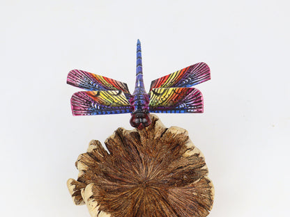 Hand-Carved & Painted Dragonfly Sculpture on Natural Wood Base - Freestanding Decor