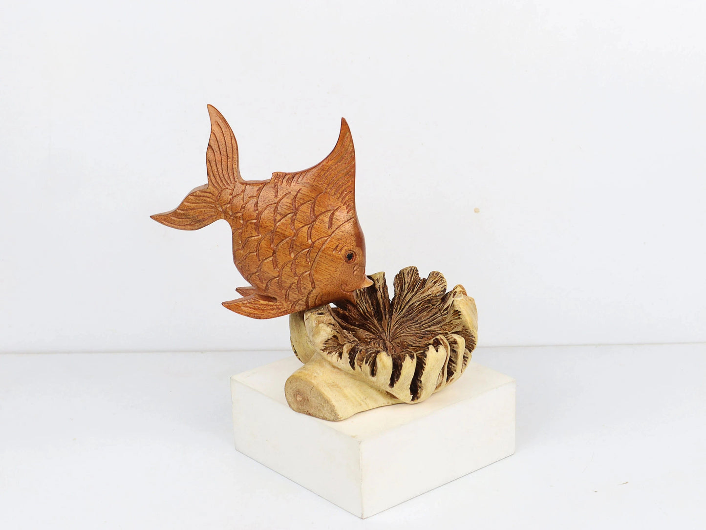 Hand-Carved Wooden Fish Sculpture on Unique Organic Base - Coastal Home Decor