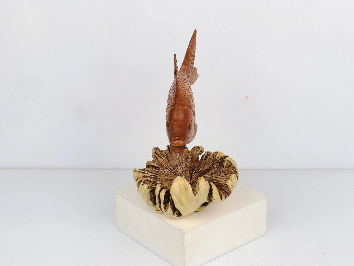 Hand-Carved Wooden Fish Sculpture on Unique Organic Base - Coastal Home Decor