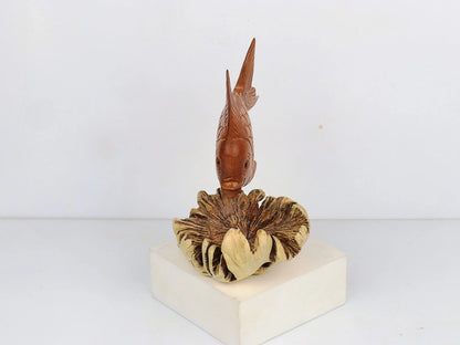 Hand-Carved Wooden Fish Sculpture on Unique Organic Base - Coastal Home Decor