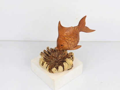 Hand-Carved Wooden Fish Sculpture on Unique Organic Base - Coastal Home Decor
